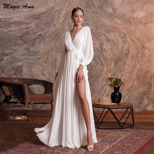 Magic Awn Elegant Chiffon Wedding Dresses With Long Sleeves Side Split V-Neck Vintage Princess Bridal Gowns A-Line Vestido Novia