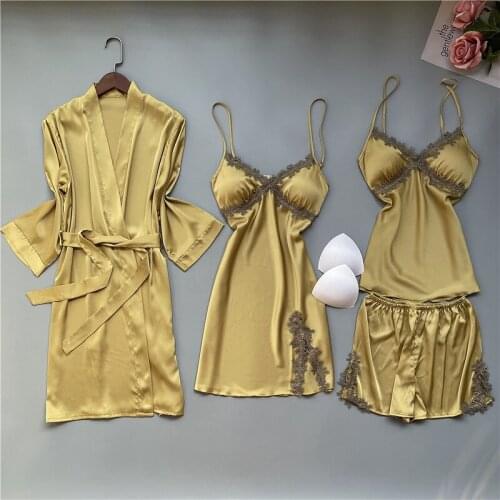 4PCS Sleep Set Female Pajamas Suit Nightwear Loose Sexy V-Neck Intimate Lingerie Kimono Robe Gown Casual Spring NEW Sleepwear