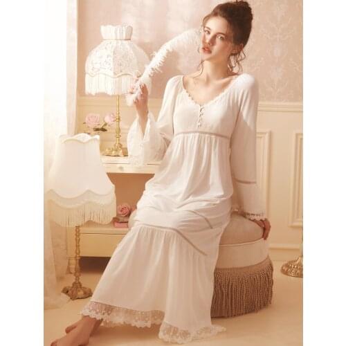 Free Shipping 2021 NEW Vintage Royal Cotton Nightgowns Womens Long Pijamas White Sleepwear Lace V-neck pijama feminino
