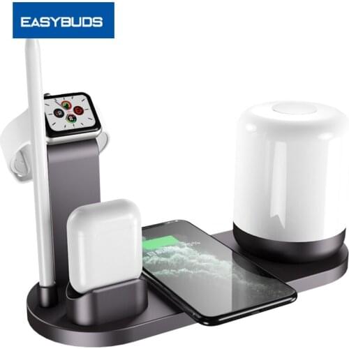 Easybuds 6 in 1 Wireless Charging Station 10W Wireless Charger For Apple Watch iPhone 11 Airpods Charging Dock With Light Lamp