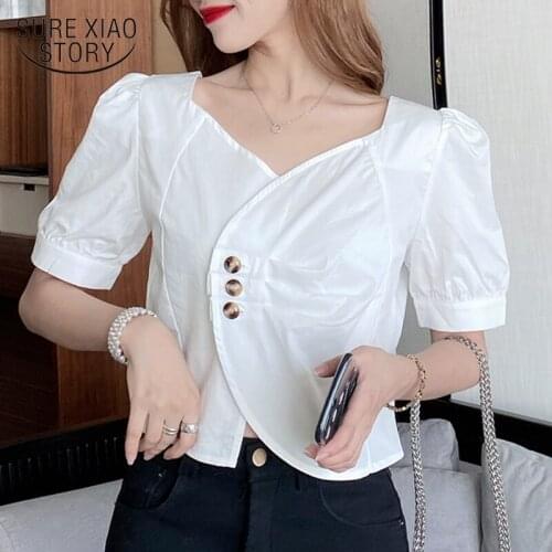 2020 Summer New Square Collar Short Sleeve French Design Chiffon Shirt White Blouse Summer Tops and Blouse Chemisier Femme 10030