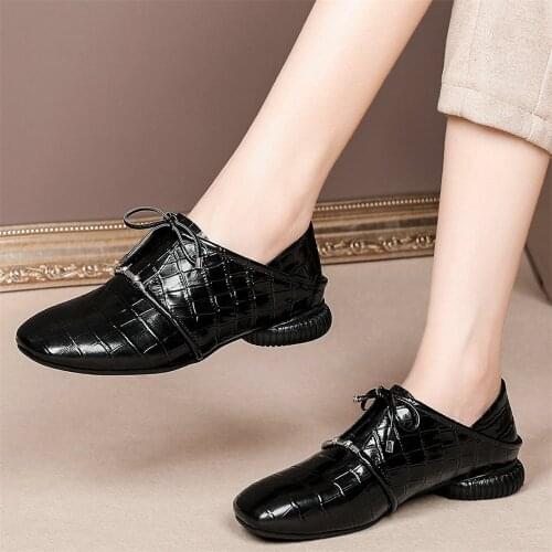 US Size 4-US Size 10 Women Lace Up Genuine Leather Cuban Low Heels Ankle Boots Female Low Top Square Toe Pumps Shoe Casual Shoes