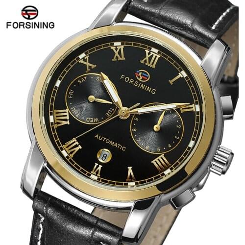 FORSINING Mens Automatic Watch Male Genuine Leather Strap Auto Date Luxury Brand Week Month Mechanical Watches Relogio Masculino