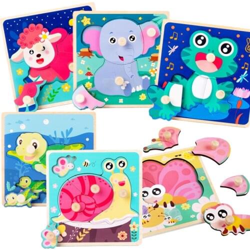 Baby Wooden Toys Hand Grasping Board Cartoon Animal Montessori 3D Puzzle Matching Game Educational Jigsaw Toys For Children