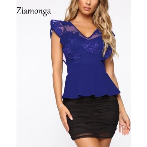 Ziamonga Elegant V-Neck Hollow Out Peplum Blouse Shirt Women Ruffles Embroidery Sexy Blouse Top Female Mesh Fashion Tops
