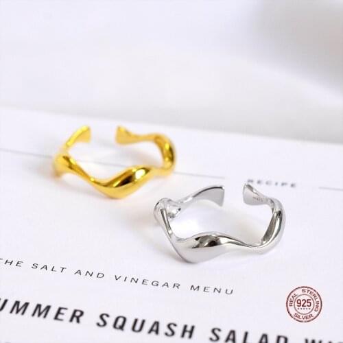 LKO 925 Sterling Silver Smooth Minimalist Irregular Wave Open Ring Adjustable For Women Girl Friend Chic Jewelry Gifts