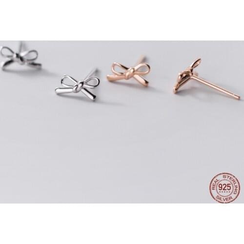LKO 925 Sterling Silver Stud Earrings Female Cute Sweet Girl Bowknot Earrings for Women Korean Earings Fashion Jewelry Gift