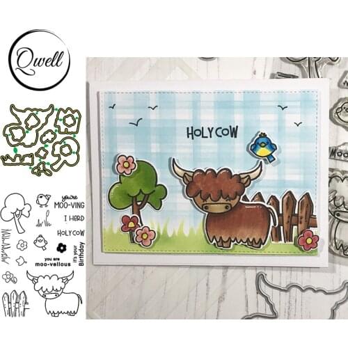 QWELL Grass Tree Flowers Cow Birds Metal Cutting Dies Match Clear Silicone Stamps Its Your Birthday Words DIY Scrapbooking 2020