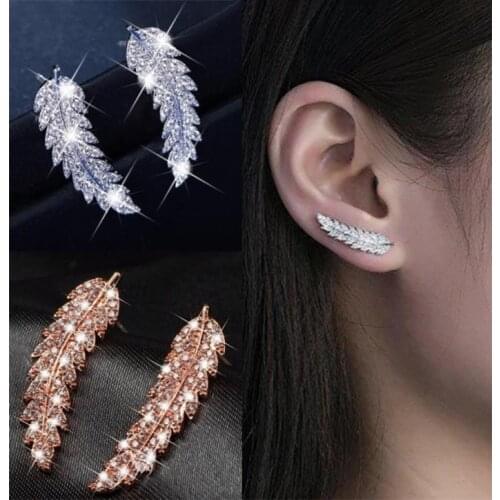 Cute Female Small Leaf Stud Earrings Gold Silver Color White Stone Earrings Minimalist Wedding Earrings For Women