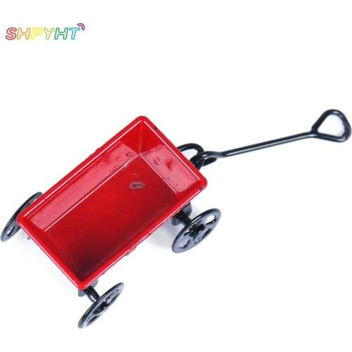 1:12 Mini Cute Dollhouse Toy gifts Ornament Miniature Metal Red Small Pulling Cart Garden Furniture Accessorie High Quality