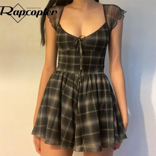Rapcopter Y2K Plaid Mini Dress Lace Patched Dress Vintage Tie Up Dress Summer Short Dress Beach Sundress Women Costume Korean