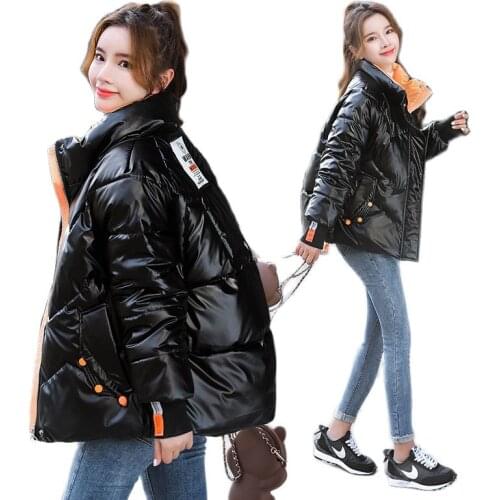 Fashion Glossy Parkas Warm Cotton Padded Coat Stand Collar Windproof 2021 Autumn Winter Jacket Women Zipper Fly Outwear Coats
