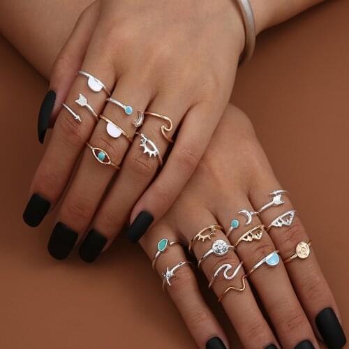 19 Pcs/Set Boho Women Rings Set Compass Arrow Wave Moon Eyes Gem Silver Color Opening Midi Ring Charm Lady Jewelry 2020 Gifts