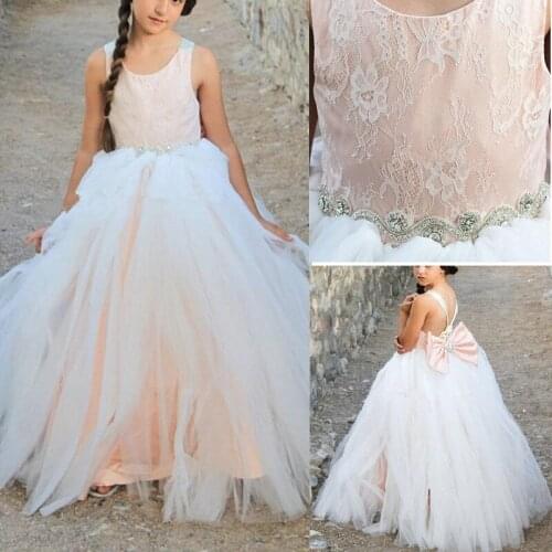 Blush Pink Princess Lace Flower Girls Dresses For Weddings Crystal Sashes Big Bow Backless Bohemian Children Wedding Party Dress