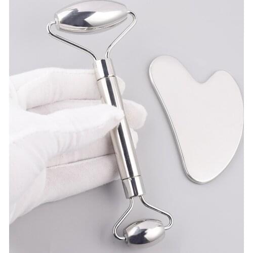 Stainless Steel Facial Roller Gua Sha Tool Set Face Care Massage Crystal Jade Rose Quartz Health Anti Wrinkle Cellulite Massager