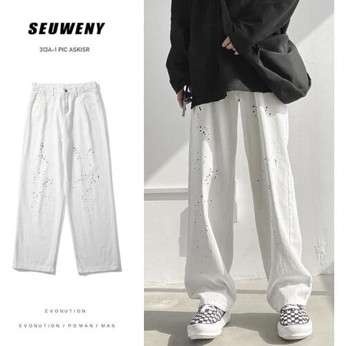 Korean Wide-leg Jeans Mens Fashion Retro Splash Ink Jeans Men Streetwear Loose Hip-hop Straight-leg Denim Trousers Mens S-2XL