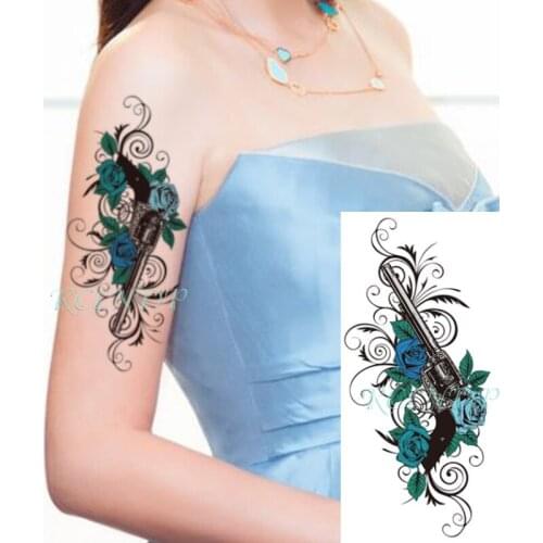 Waterproof Temporary Tattoo Sticker Gun Rose Flower Leaf Plant Fake Tatoo Flash Tatto Arm Leg Body Art for Girl Women Men
