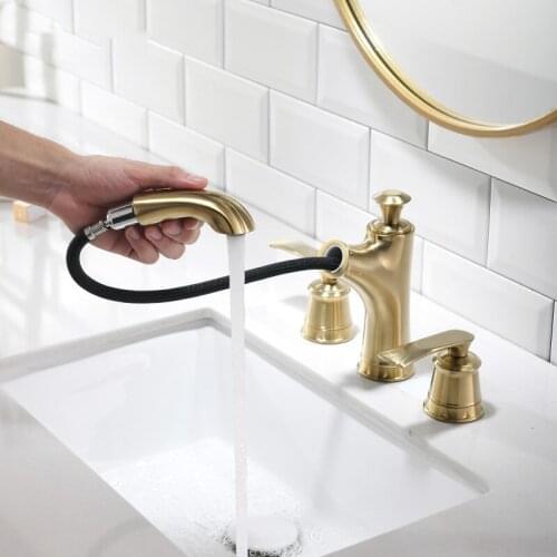 Top quality brushed gold bathroom sink faucet Western Pop Pull-out faucet Scalable basin mixer tap faucet 3-hole 2-handle