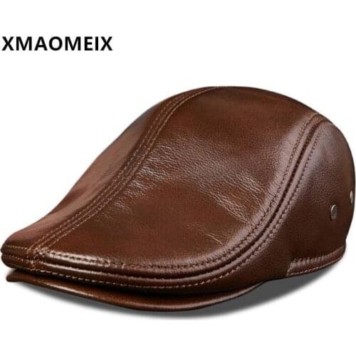 XMAOMEIX New Winter Mens Genuine Leather Caps Warm Berets Men Cowhide Leather Hat Snapback Cap Brand Casual Dad Hat Multi-color