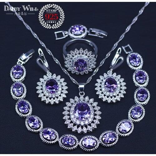 Silver Color Bridal Jewelry Purple Cubic Zircon Costume Jewelry Sets For Women Earrings/Pendant/Necklace/Rings/Bracelet