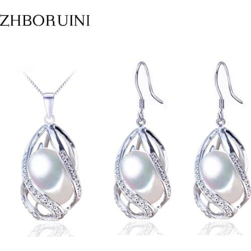 ZHBORUINI Pearl Jewelry Set 925 Sterling Silver Jewelry Natural Freshwater Pearl Beads Cage Necklace Earring Set For Women Gift