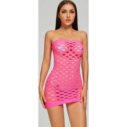 Sexy Fishnet Mesh Nightdress Summer Hollow Out See Through Nightwear Women Round Collar Ladies Homewear