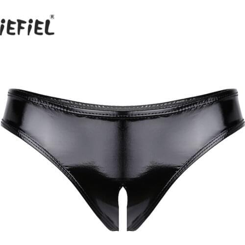 Womens Sissy Sexy Panties Erotic Lingerie Crotchless Briefs Underpants Wet Look Patent Leather Latex Panties Underwear Clubwear