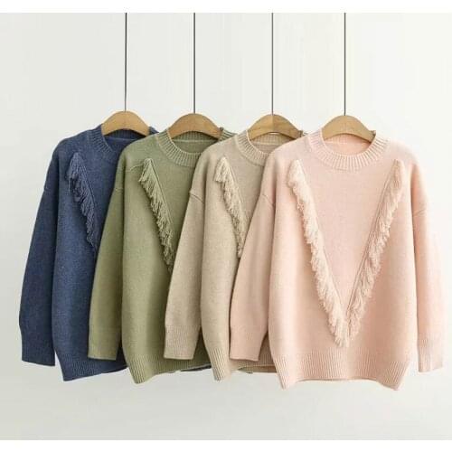 2019 Spring Autumn Women Sweaters Pullovers Round Collar Casual Fashion Pullover Solid Color Female Tassel Knitted Jumpers H9499