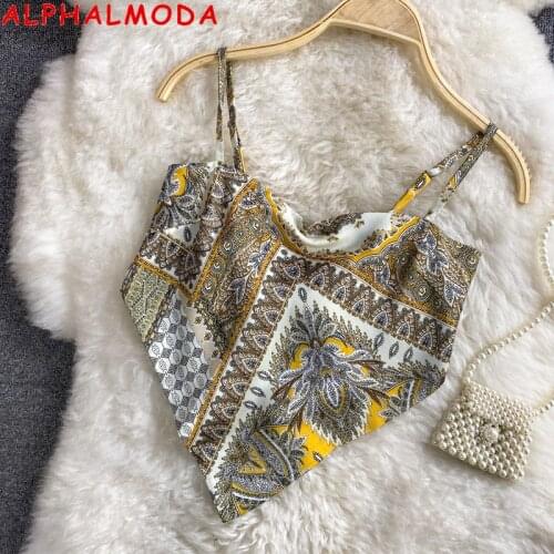 ALPHALMODA Chic Ethnic Style Irregular Backless Bow Tie Scarf Tie Crop Top Retro Printed Trendy Halter Top Women Summer Camis