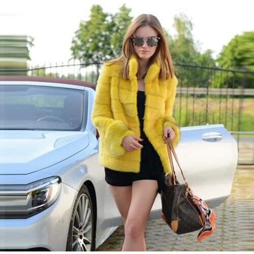 FURSARCAR 2021 New Fashion Genuine Natural Mink Fur Yellow Coat With Pockets Female High Street Winter Luxury Outerwear Jacket