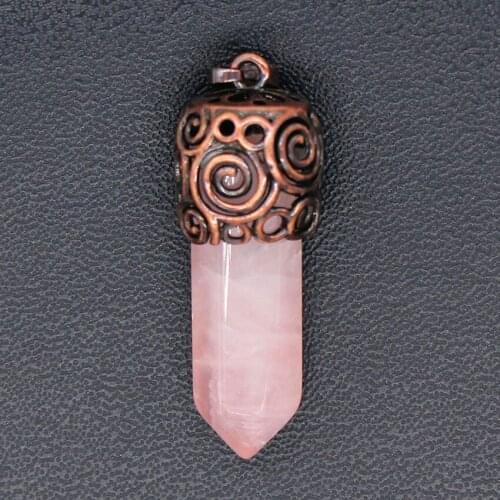 100-Unique Copper Plated Natural Rose Pink Quartz Pillar Pendant Elegant Women Jewelry