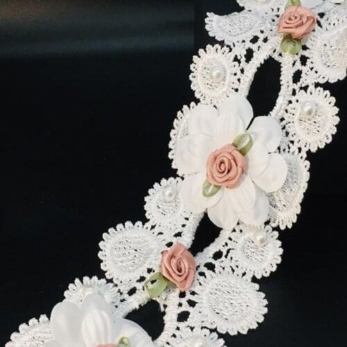 15Yards 3D Rose Flower Pearls Embroidery Fabric Lace Patch Trim Clothes Water Soluble Wedding Dress DIY Applique Doll Dress