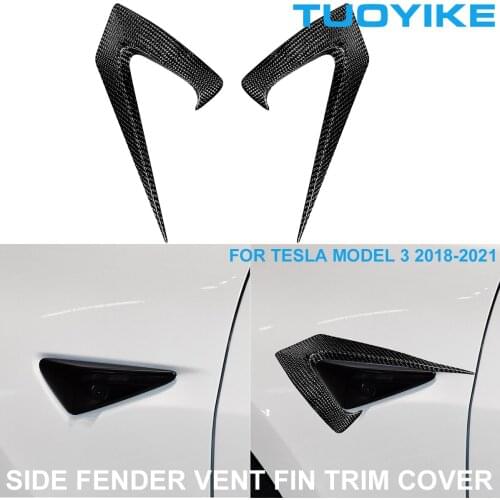 2PCS Car Styling Real Dry Carbon Fiber Side Fender Vent Fin Trim Cover Sticker Decoration For Tesla Model3 Model-3 2018-2021