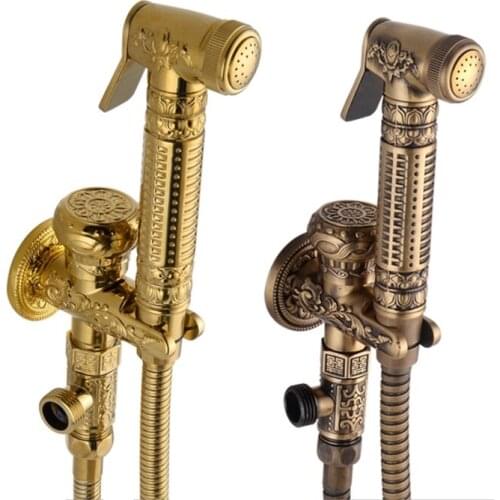 European Antique Gold Copper Toilet Spray Gun Faucet +1.5m Hose + Angle Valve Tap Show Head