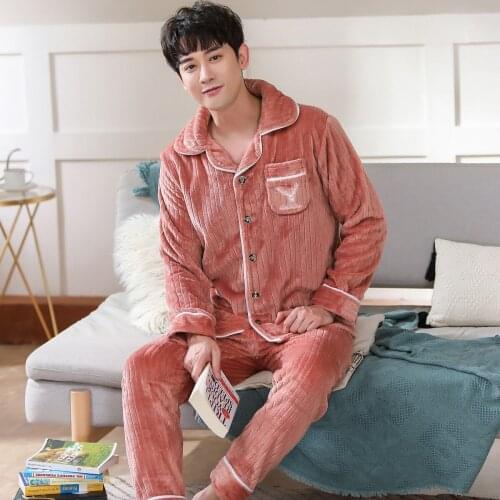 Plus Size Flannel Pyjamas Mens Thicken Warm Soft Sleepwear Pijamas Hombre Men Long Sleeve Casual Homewear Pajamas Sets For Male