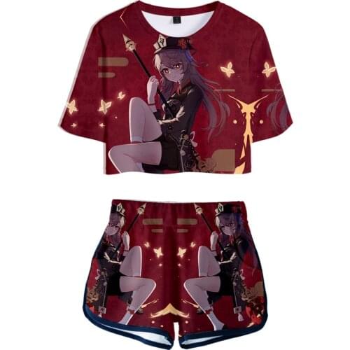 3D Print Cosplay genshin impact Hu Tao Girls Two-piece set Summer Crop Tops Womens kawaii Casual girl t shirt+shorts set