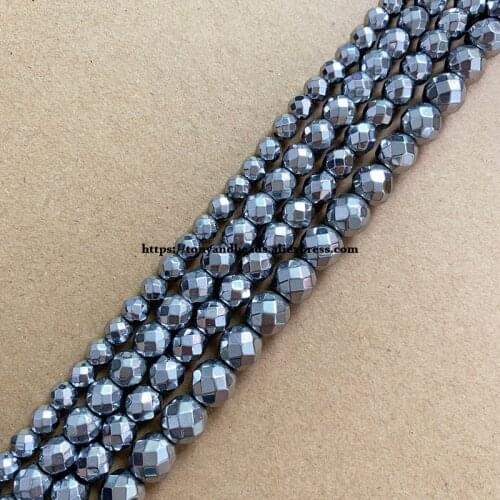 Natural Stone Faceted Dull Silver Plated Hematite Beads 4 6 8 10 MM 15" Per Strand Pick Size