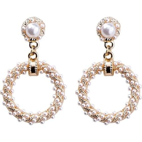 Twist Round Imitation Pearl Hanging Dangle Fashion Earrings Korean Hollow out Contracted Vintage Elegant Womens Earrings