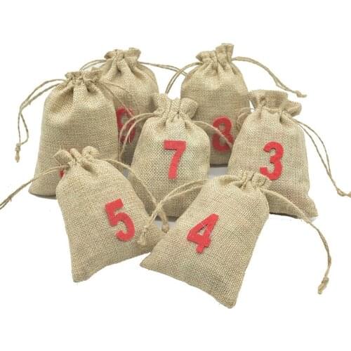 10*14cm Linen Pocket Drawstring Gift Candy Cookie Bag Suit Christmas Digital Calendar Party Favors Gifts Packaging 24pc/lot