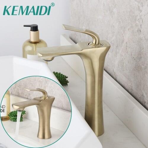 KEMAIDI Brushed Gold Bathroom Basin Sink Faucet Solid Brass Deck Mounted Unique Handle Counter Top Water Basin Mixer Tap Faucet