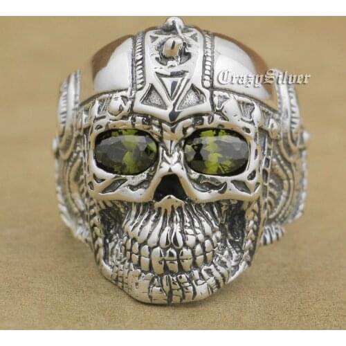 925 Sterling Silver Black Olive Eyes Gothic Tattoo Skull Mens Biker Rocker Punk Ring 9G205 US Size 7~15