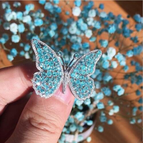 Luxury Light Blue Crystal Butterfly Rings For Women Silver Color Engagement Wedding Party Female Ring Fashion Jewelry anillos
