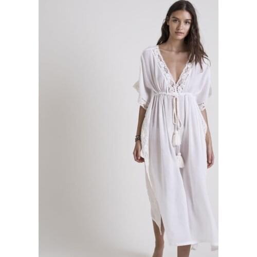 Sexy Bikini Cover-ups White Cotton Tunic Cusual Summer Beach Dress Elegant Women Plus Size Beach Wear Swim Suit Cover Up Q1132