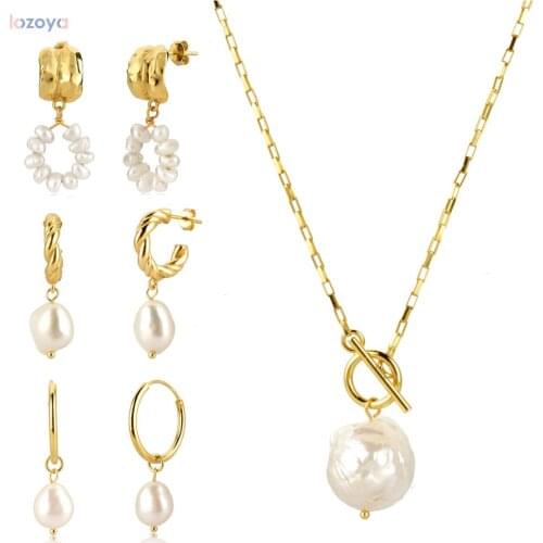 LOZOYA 925 Sterling Silver Gold Irregular Pearl Pendant Pearl Drop Earring Percing Horoscope Chain Big Necklace Jewelry Set