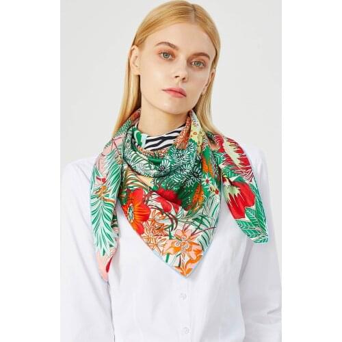 90cm "Zebra in the forest" Scarf Women Bandana Handmade Curled Twill Silk Luxury Brand Square Scarf Foulard Hijab Headband Scarf