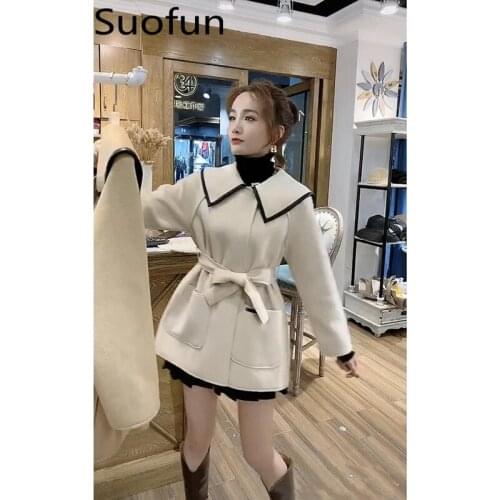 Suofun Sweet Fashion Apricot Tweed Coat Middle School Girls' Long Student Doll Collar Cute Loose Small Tweed Spring Autumn Coat