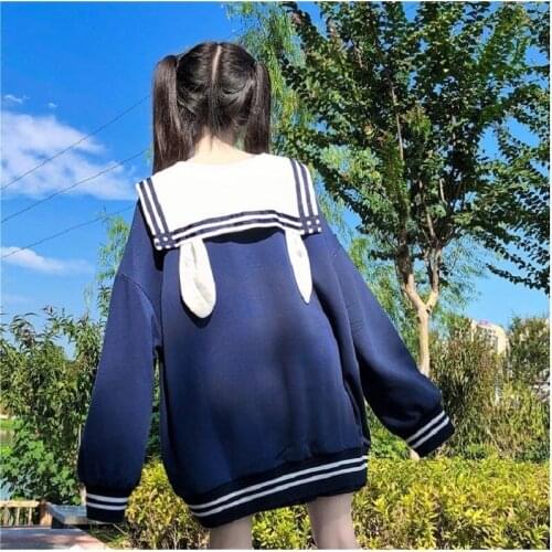 Kawaii Teddy Bear Sweatshirts Women Bow Sailor Suit Cute Pullovers White Preppy Style Sweet Girl Spring Autumn Plush Sweatshirts