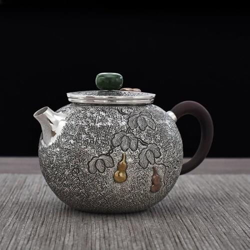 Ag999 Sterling Silver Teapot Hand-Carved Kitchen Utensils Built-in Filter Handmade Coffee Tea Pot