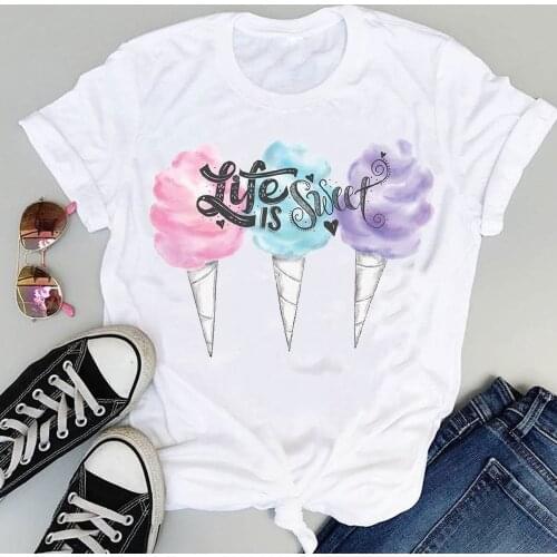 Women Ice Cream Casual Cute Beach 90s Cartoon Short Sleeve Sweet Summer Fashion Print Lovely Clothes Tops Tees Tshirt T-Shirt