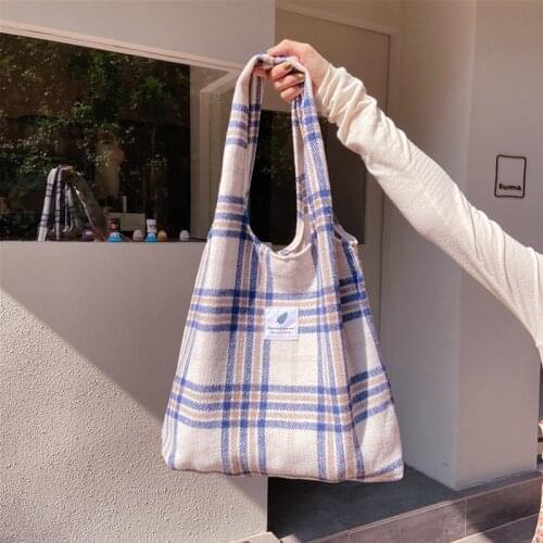 2021 New Shopper Bags Womens Shoulder Bag Japanese Style Plaid Tote Bag Cute Girls Handbag Casual Schoolbag Female Canvas Bag
